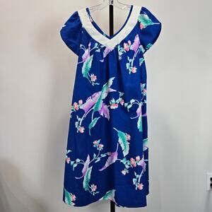 Hilo Hattie's Hawaiian Floral Print Midi Dress Blue Pink V-Neck Small